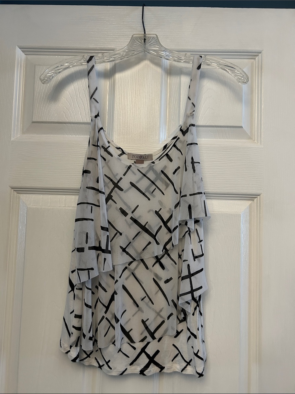 Roz & Ali White Ruffle Camisole with Black Crosshatch Print